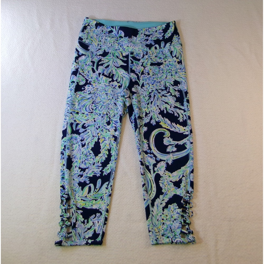 Lilly Pulitzer Luxletic Womens Navy Teal Floral Strappy Crop Leggings Size L